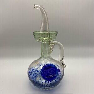 Lafiore Hand Blown Glass Oil Bottle Made in Spain 4”W x 8”H Blue & Green